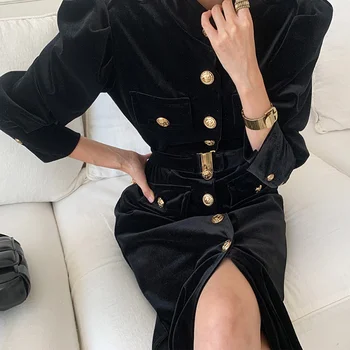  2021 Moda Toamna Iarna Aur Butonul Negru Rochie pentru Femei Chic Vintage Maxi Rochii Doamnelor de Afaceri de Birou Îmbrăcăminte coreeană