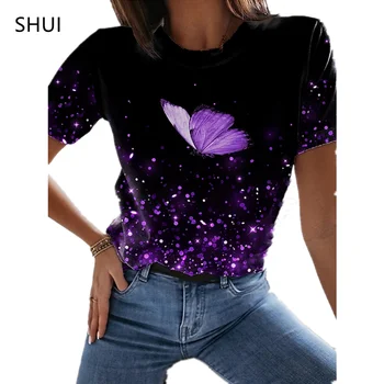  2021 noi fluture doamna T-shirt 3D de imprimare florale gât rotund casual nișă sens de design de îmbrăcăminte de sex feminin serie de animale maneci scurte
