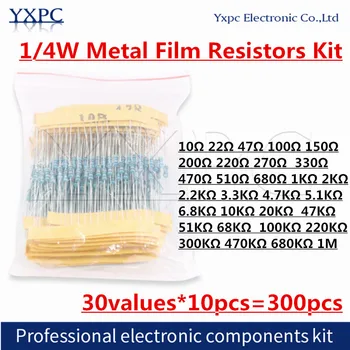  30 valuesX10pcs=300pcs 1/4W 1% Rezistențe cu Film Metalic Kit 10 ohm~ 1M ohm 1K 220K 10K 100K 220ohm Rezistenta Set Sortiment