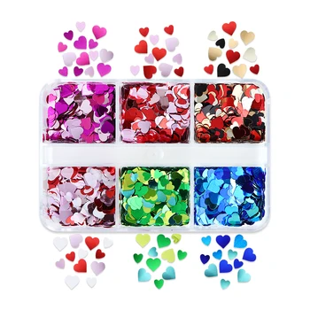  6 Grile Rosii Inima de Dragoste Unghii Paiete Valentine Decoratiuni Colorate, Sclipici Fulgi de Unghii DIY Consumabile Pentru Accesorii Profesionale
