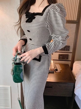  Coreeană Chic Houndstooth Dress Femei Toamna Iarna Retro Gât Pătrat De Moda Office Lady Rochii Midi Doamnelor Subțire Halat Elegant