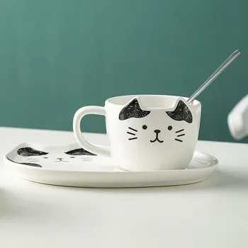  Creative Drăguț Pisica Ceramica Cana de Cafea Set cu Tava si cu o Lingura Acasă Desene animate micul Dejun Cupa Biroul Bea Ceai Cupe Pentru după-Amiază