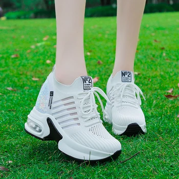  Femei de Primăvară Plasă Platforma Adidasi Formatori Pantofi Albi de 10 cm Tocuri inalte Pene în aer liber Pantofi Respirabil Pantofi Casual Femei Nou
