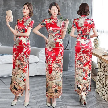  Femei Florale Imprimare Cheongsam Îmbunătățit Vara Epocă Fata Qipao Stil Chinezesc Rochie Slim Red Rochii Lungi