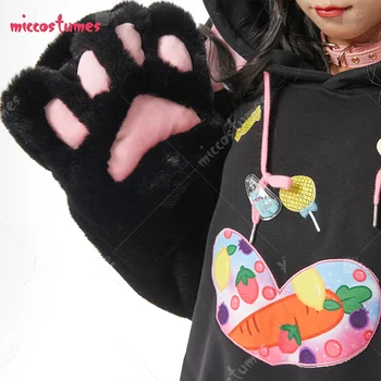  Femei negru Pulover Hoodie cu Sac Detașabil de Blană de Pisică Laba Design Mănuși Bomboane Bunny Ureche Hoodie