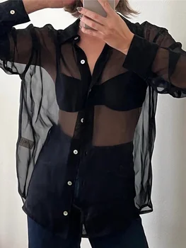  Femei Pur Button Up Shirt Y2k Maneci Lungi Rever v Neck Top Plasă de Epocă Vedea Prin Bază Bluza Streetwear