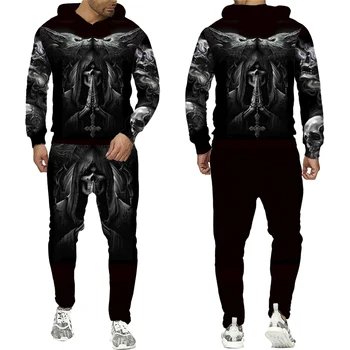 Gothic Punk Skull 3D Printed Hanorac Negru/Pantaloni/Costum Cool Bărbați Femei Pulover Tricoul Set Halloween Cuplu Streetwear Îmbrăcăminte