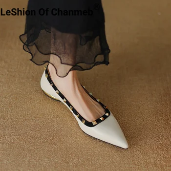  LeShion De Chanmeb Noi Din Piele Nit Plat Pantofi Femei Punk Împânzit Bareta De Brand Designer De Moda Pantofi Bej Doamna 2023