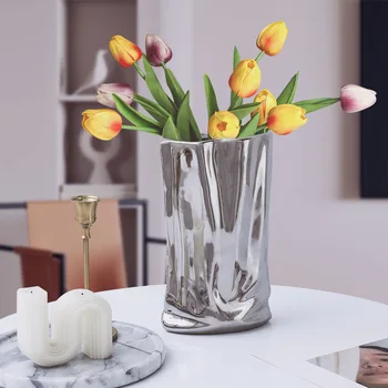  Nordic Argint Vaza Ceramica Linii Neregulate de Falduri Aranjament de Flori Hidroponice Accesorii Vaza de Flori Vaze Decor Acasă