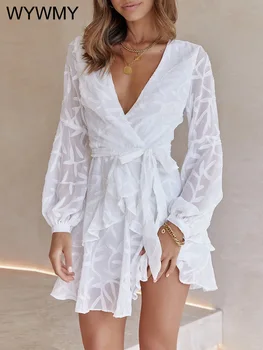  Retro Șifon Vară Rochii Femei Elegante 2022 Mâneci Lungi V-neck Belted Talie Rochie Alba Mini Sundress Sexy Casual Vestidos