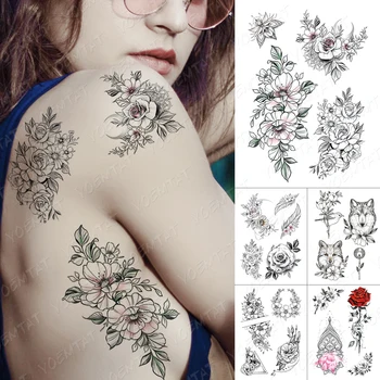  Sexy Henna Impermeabil Tatuaj Temporar Sticker Trandafir Bujor Luna Fox Body Art Floare de Animale Tatuaj Fals Bărbați Femei Tatuaje 3D