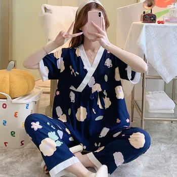 Stil japonez Nouă de Primăvară și de Vară pentru Femei Pijamale Vascoza cu mânecă Scurtă, Pantaloni Lungi Costum Floare de Imprimare Serviciu Acasă Costum