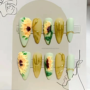  Trei-Dimensional De Floarea-Soarelui Design Apăsați Pe Unghii Handmade Stil Francez False, Sfaturi De Unghii Scurte Reutilizabile Unghii False Cu Adeziv Cadou
