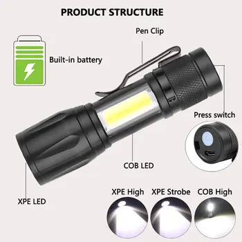  USB Acumulator Portabil cu Lanterna LED-uri COB+XPE Lanterna LED-uri Impermeabil Felinar Camping 3Mode Zoomable Concentra Lumina lumini Tactice