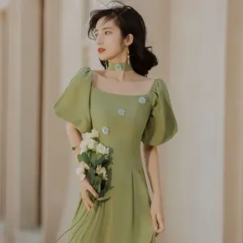 Vara Verde Patchwork Rochie Retro Femei Solide Elegant Pary Rochie Midi de sex Feminin Talie Mare Designer coreean singură bucată Rochie 2021