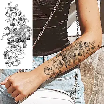  Șarpe Negru Sabia Moda Spate Tatuaje Temporare Pentru Femei Adulte Floare Trandafir Bujor Fals Tatuaj Body Art Impermeabil Tatuaje Decal