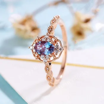  2-bucata set Vintage Alexandrit de logodna inel de aur a crescut inel de nunta de epocă Oval Tăiat Inel de Nunta de artă decorativă inel