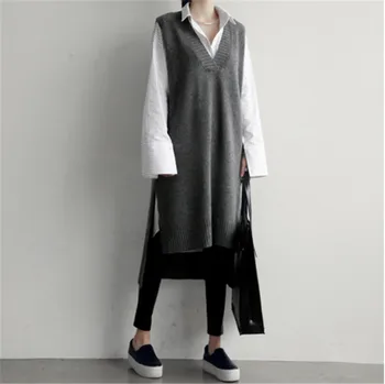  2020-coreean INS vânt pulover vesta scurtă în față și în spate vesta lunga fusta tricotate V-neck îngroșat mid-lungime pulover fusta