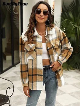  2022 Primăvară Nouă Carouri Bluze Palton Femei Casual Tricou Vintage Sacou Feminin De Lână, Amestecuri Imprimate Palton Streetwear Supradimensionate