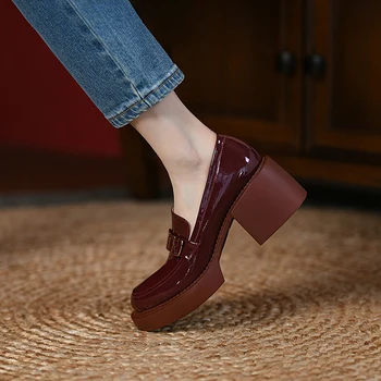  2022 Primăvară Platforma Pantofi Casual Slip-On Mocasini Pantent Piele Rotund Toe Pantofi Femei Indesata Toc Pantofi Femei Zapatos De Mujer