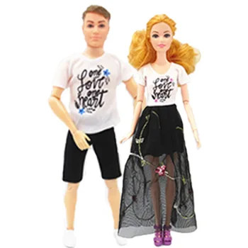  2sets/lot Cuplu Iubitor de Uzura Casual pentru Papusa Barbie Costume Camasi Albe Negru Fusta pantaloni Scurți Haine pentru Ken Băiat Papusa de sex Masculin