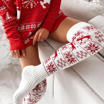  3 Perechi de Crăciun de Iarnă pentru Femei Șosete Coapsa Inalta Șosete Fulg de nea Print Knit Peste Genunchi Ciorapi de Femeie Sosete Calde Ciorapi