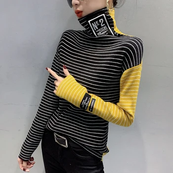 #3805 Primăvară Cu Dungi Pulover Tricotate Femei Guler Topuri Tricotate Harajuku Strâns Îmbinate Culoare Elastic Pulovere Femei Pulover