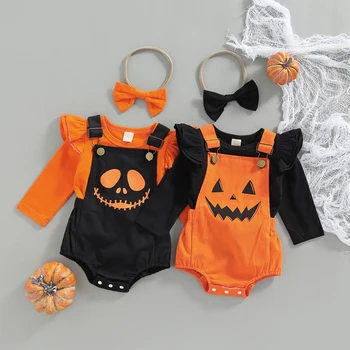  3pcs Copil Nou-născut Fete Costume de Halloween pentru Sugari cu Maneci Lungi Vladan Sus Suspensor Dovleac Fantoma Imprimare Fuste cu Bandă de susținere