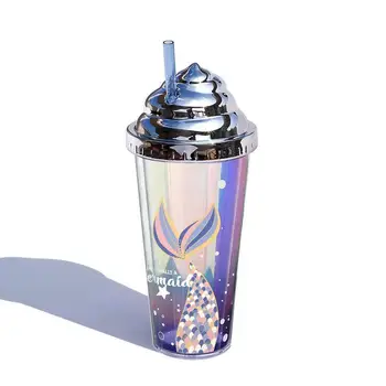  420ml Sirena Galvanizare Sclipici Cupa Creatoare de Moda Colorat Paie Ceașcă de Plastic Cadou Cana Sticla de Apa cu Paie cu Capac