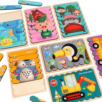  Animale din lemn 3D Puzzle Jucărie pentru Copii față-Verso Bandă de Puzzle-uri Pentru Copii, Puzzle Joc de Puzzle Montessori Jucarii Educative Pentru Copii