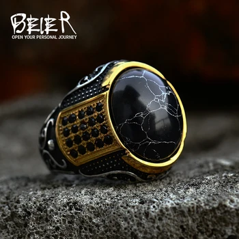  BEIER din Oțel Inoxidabil de Epocă Băiatul-Oval partea de culoare de aur Negru piatra Inel Moda Bijuterii Barbati Accesorii BR8-987
