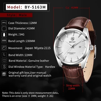  BENYAR Cuarț Bărbați Ceas 2021 Top Brand de Lux Ceas de mână de Moda Casual, Curea din Piele 41mm Dial Impermeabil Ceas Automatic Data