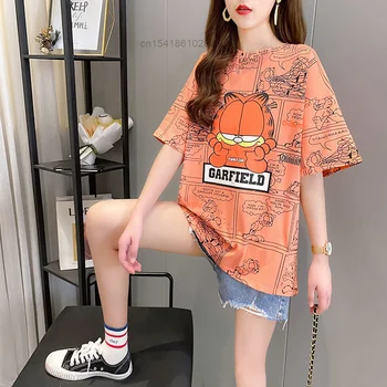  Co-brand Garfield Desene animate Imprimate cu Maneci Scurte T-shirt Femei 2022 Vara Nou Stil coreean Pierde Jumătate Maneca Haine de Epocă Y2k