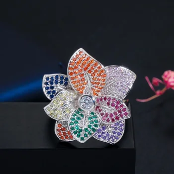  CWWZircons Mare 3D Multicolore de Flori Reglabil Deschide Inele pentru Femei de Culoare de Aur Cubic Zirconia de Logodna Bijuterii de Nunta. R142