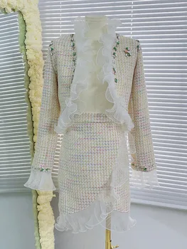  De Înaltă Calitate De Lux Conservatie Tweed Două Bucata Set Pentru Femei Lână Scurtă Strat De Sacou + Fusta Costume De Moda Volane 2 Bucată De Costume