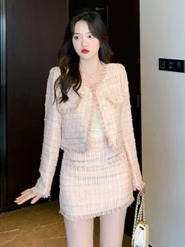  De Înaltă Calitate Mic Parfum Tweed 2 Seturi De Piese Pentru Femei Costume De Moda Coreeană Scurt Strat De Sacou + Fusta Set Dulce Două Piese De Costume