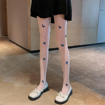  Femei Fete Albastru Fluture De Imprimare Chilot Vara Vedea Prin Ultra-Subțire, Mătăsos Dresuri Japoneze Lolita Fără Sudură Ciorapi