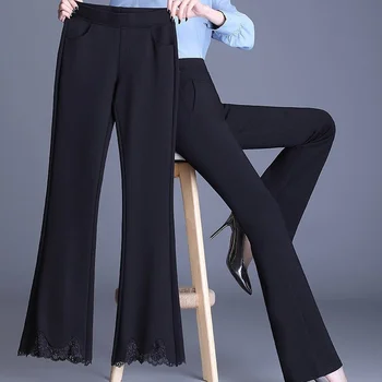  Femei Pantaloni Casual Negru Boot Cut Dantela Stil coreean Elastic Talie Înaltă Simplu All-meci Stil coreean Ulzzang Glezna-lungime Jos