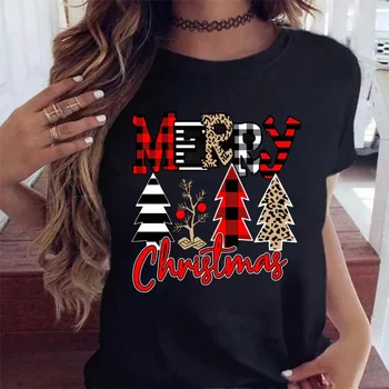  Femei T Shirt Crăciun Fericit Carouri Copac Imprimare Tricou Femei Maneci Scurte Gât O Pierde T-shirt Doamnelor de Cauzalitate Tricou