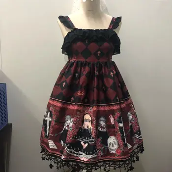  Gothic Lolita Rochie de Craniu Fantomă cu Fata Vestido Stil Japonez Jsk Negru Bluza pentru Kawaii Femei Punk Suspensor Rochii Roșii