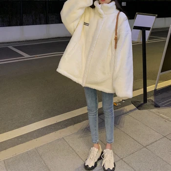  Iarna Cald Îngroșa Liber De Lână De Miel Sweatershirt Supradimensionate Femei Coreene Teddy Fleece Femei Jachete De Moda De Cauzalitate Straturi 2022