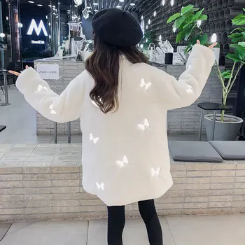 Jacheta pentru Fete de Moda de Iarnă, Haine de Lână cu Reflectorizante Broderie Model Fluture Îngroșa Haină de Blană Cald Haine pentru Copii