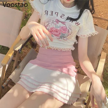  Japoneză Dulce Lolita Stil T-Shirt Femei Harajuku Iepure Drăguț Rose Print Volane Din Dantela Culturilor Topuri Fete O-Gât Înapoi Bandaj Tees