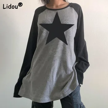  Liber Street Casual Pentagrama Print T-shirt 2022 Femei Toamna Gât Rotund Maneca Lunga Contrast Confortabil Toate-meci de Top