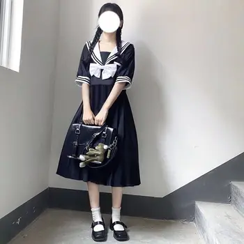  MAGOGO Bleumarin cu Guler Negru Rochie de sex Feminin coreeană Maneci Scurte Talie Vrac Japoneză Colegiul Stil Rochie Lunga