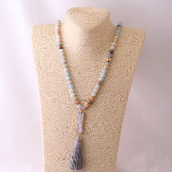  Moda Boem Tribale, Bijuterii Margele Halsband Mată Amazonite Pietre cu Dreptunghi Alb Druzy Gri Colier Ciucure