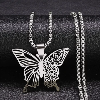  Moda Fluture Pandantiv Colier de Flori pentru Femei/Bărbați de Culoare Argintie din Otel Inoxidabil Lanț de Crăciun Cadou Bijuterii N2107S01