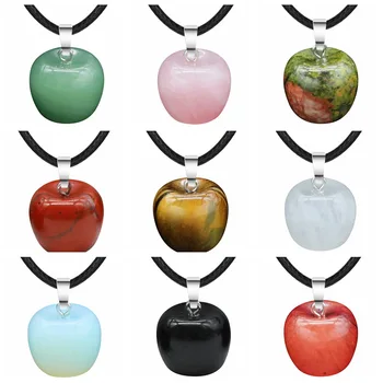  Naturale Aventurin Verde 20MM Apple a Forma Colier Pandantiv cu Cablu Negru pentru Femei Fete Cristal Mere Cravată Bijuterii