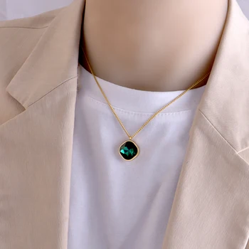  Non Decolorare Geometrice Romb Verde De Cristal Pandantiv Din Oțel Inoxidabil Scurt Colier Moda Bijuterii Pentru Femei Simplu Lanț De Gât