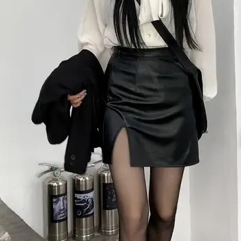 Punk Fusta din Piele Femei Sexy Negru Split Subțire de Înaltă Talie O-linie Mini-Fuste de Toamna-coreeană de Moda Harajuku Streetwear